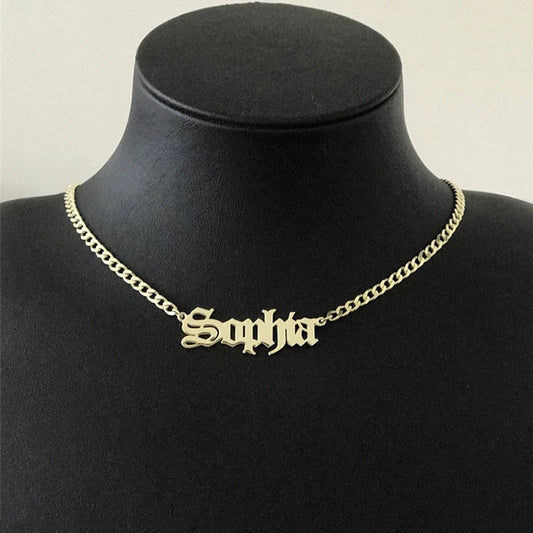 Custom Old English Name Necklaces For Women Men Stainless Steel Cuban Chain Customized Necklace Personalized Gothic Neck Jewelry