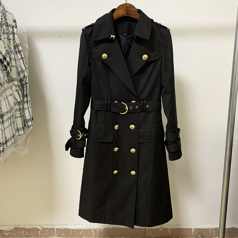 HIGH STREET 2023 Fall Winter Designer Fashion Women's Elegant Double Breasted Lion Buttons Belt Trench Coat