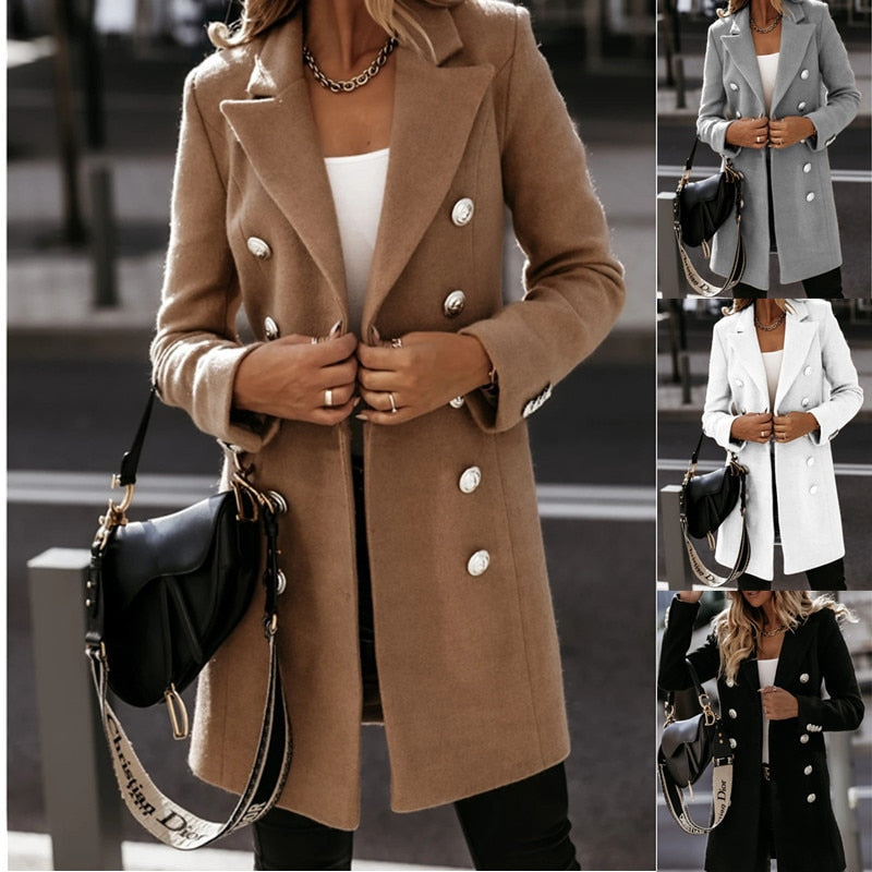 2023 Autumn Winter Jacket Coat Women Women Jackets Coat Solid Color Double-breasted Knee Length Blends Casual Womens Overcoat