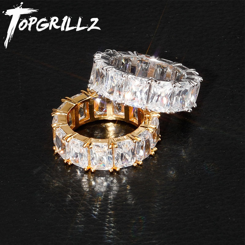 TOPGRILLZ 1 Row Solitaire Tennis Men&#39;s Ring Copper Charm Baguette Cubic Zircon Iced Ring Fashion Hip Hop Jewelry For Gifts