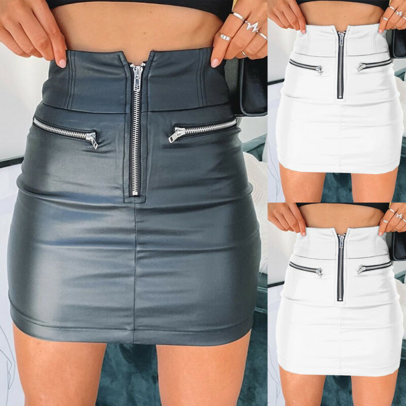 Womens PU Leather Zipper Skirt High Waist Pencil Evening Party Club Wear Fashion Bodycon Short Mini Skirt