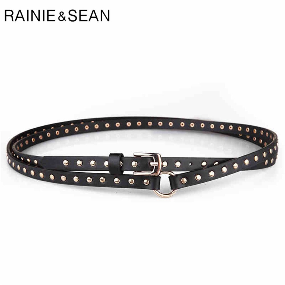 RAINIE SEAN Punk Rock Belts for Women Black Rivet Women Belt Streetwear Thin Extra Long 190cm Ladies Pin Buckle Leather Belt