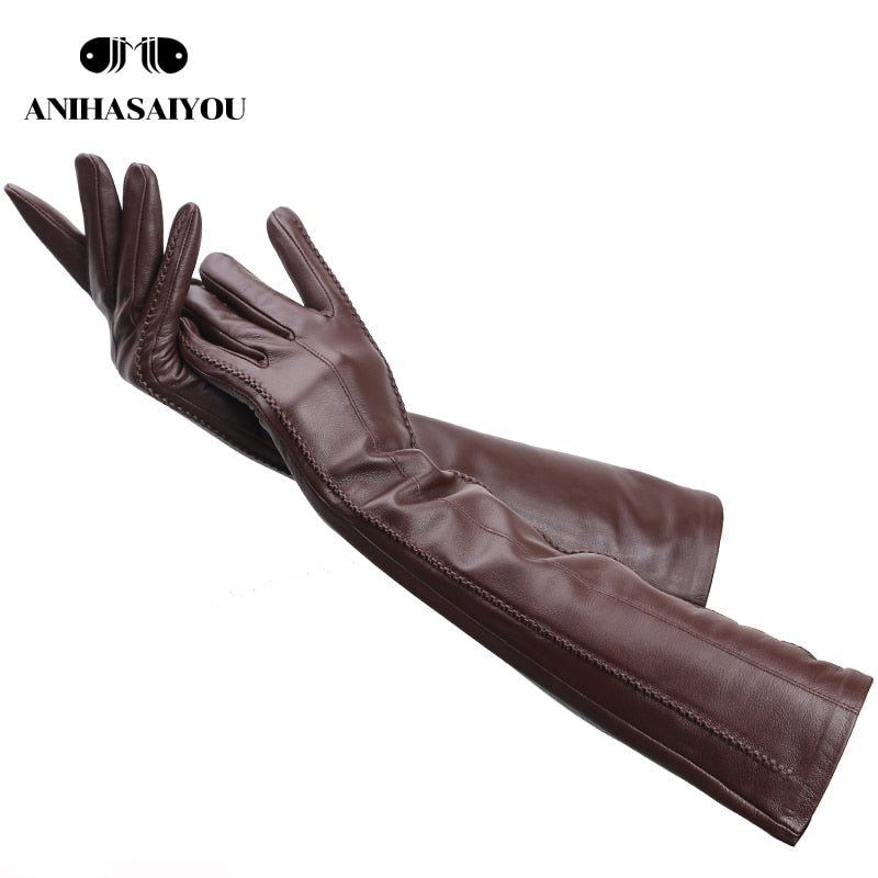 Fashion beige long leather gloves,high-grade long leather gloves women,winter genuine sheepskin women&#39;s long gloves - CSD2-50CM