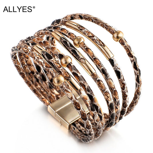 ALLYES Snake Pattern Leather Bracelets for Women Fashion Exaggerated Multilayer Wide Wrap Bracelets &amp; Bangles Charm Jewelry