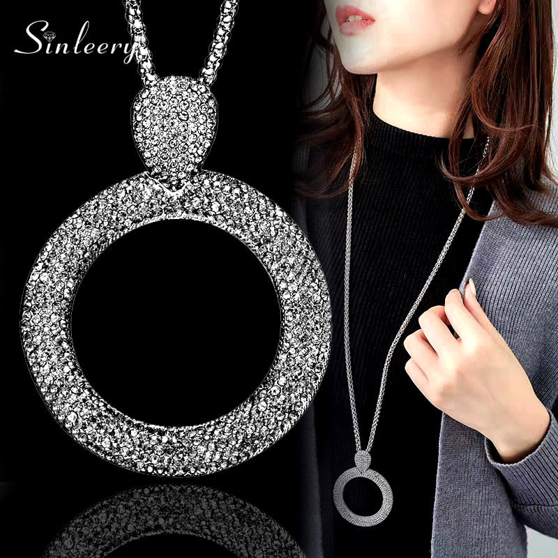 SINLEERY Dazzling Full Cubic Zirconia Hollow Round Pendant Long Necklace for Women Statement Maxi Jewelry Accessories ZD1 SSA