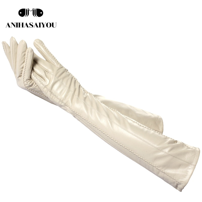 Fashion beige long leather gloves,high-grade long leather gloves women,winter genuine sheepskin women&#39;s long gloves - CSD2-50CM