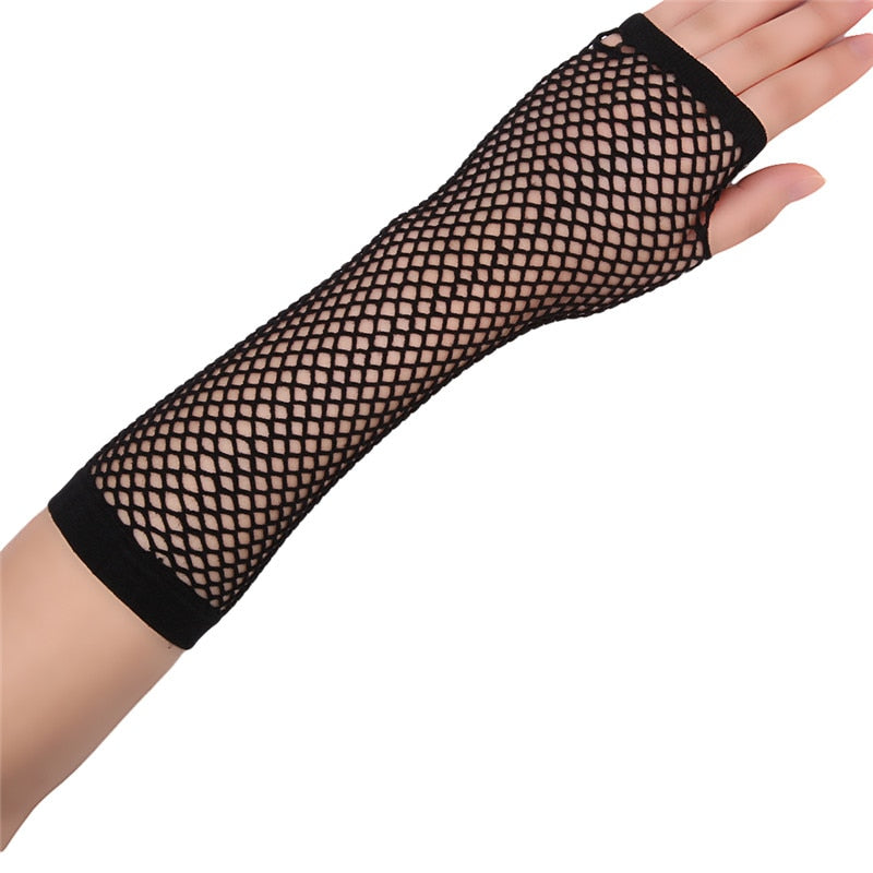 Stylish Long Black Fishnet Gloves Womens Fingerless Gloves Girls Dance Gothic Punk Rock Costume Gloves Sexy Hollow Out Disco