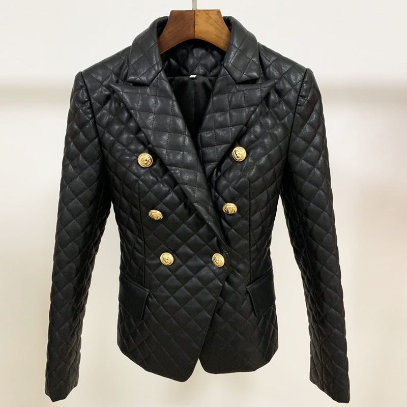 TOP QUALITY 2023 Newest Designer Jacket Women's Double Breasted Lion Buttons Grid Sewing Synthetic Leather Blazer