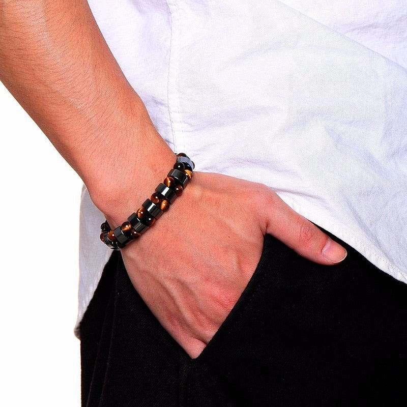 Vnox Stretch Mens Black Bracelets Hematite Tiger Eye Beads Bracelets Casual HOMBRE Wristband