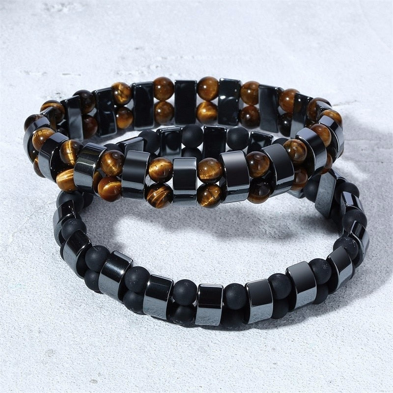 Vnox Stretch Mens Black Bracelets Hematite Tiger Eye Beads Bracelets Casual HOMBRE Wristband