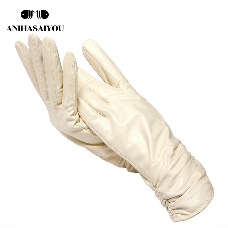 Classic pleated leather gloves women color real leather gloves women sheepskin Genuine Leather winter gloves women-2081