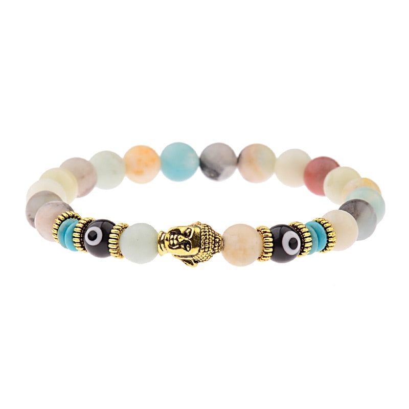 Charm Buddha&amp;Evil Eye Bracelet Women 8mm Elastic Round Bright Black Stone Chakra Bracelets Men Erkek Bileklik Homme