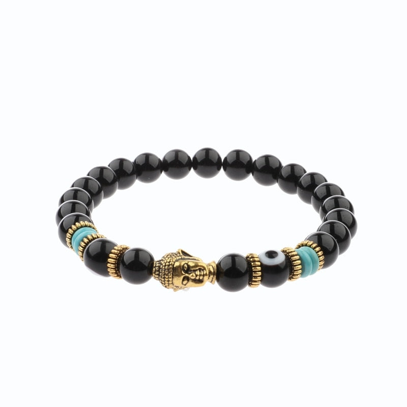 Charm Buddha&amp;Evil Eye Bracelet Women 8mm Elastic Round Bright Black Stone Chakra Bracelets Men Erkek Bileklik Homme