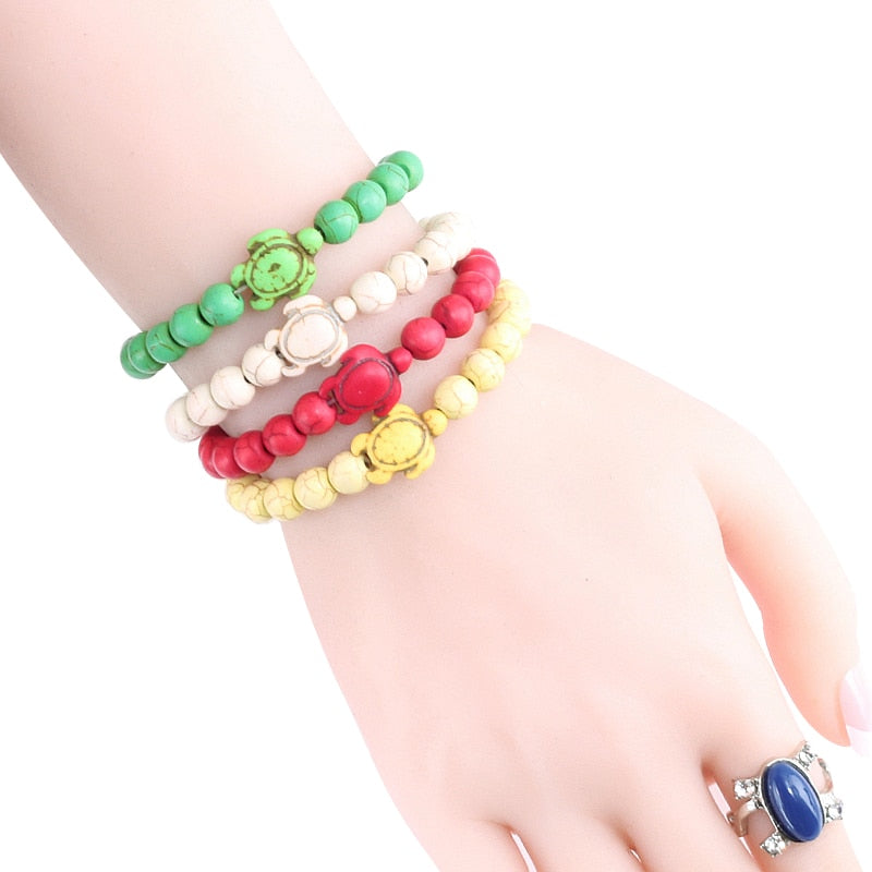 Fashion Summer Sea Turtle Beads Bracelets Charm Colorful Natural Stone Elastin Strand Bracelets for Women Men Hand Chain Jewelry