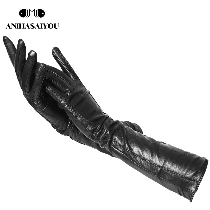 Fashion beige long leather gloves,high-grade long leather gloves women,winter genuine sheepskin women&#39;s long gloves - CSD2-50CM