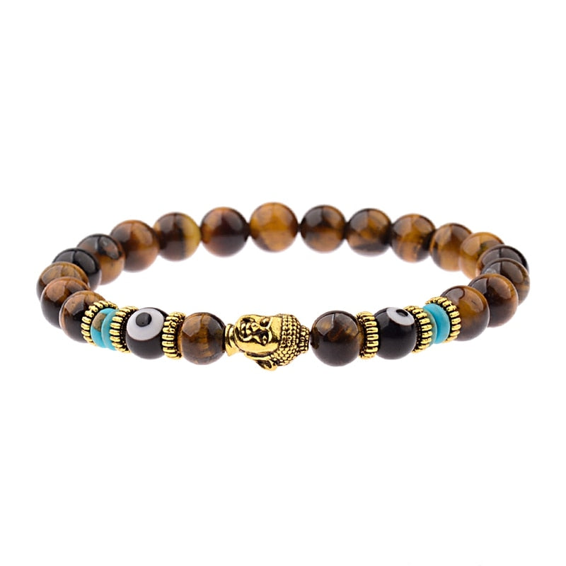 Charm Buddha&amp;Evil Eye Bracelet Women 8mm Elastic Round Bright Black Stone Chakra Bracelets Men Erkek Bileklik Homme