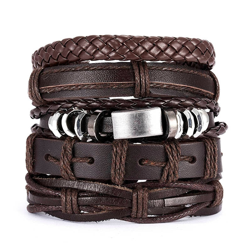 Men Bracelets Vintage Multilayer Leather Braid Bracelets Bangles Star Leaf Owl Handmade Rope Wrap Bracelets Male Gift Jewlery