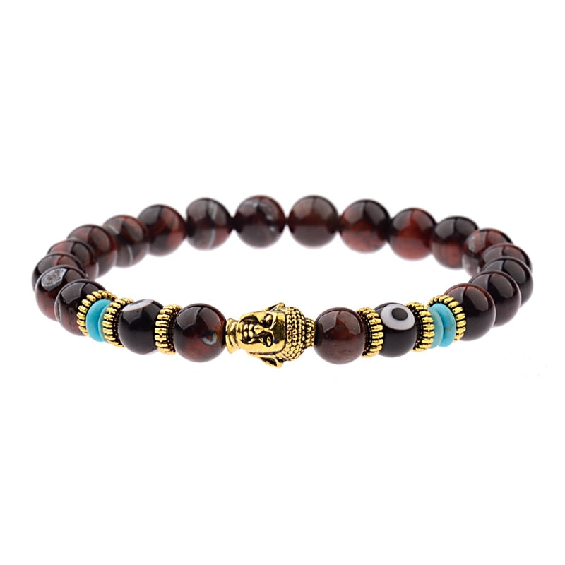 Charm Buddha&amp;Evil Eye Bracelet Women 8mm Elastic Round Bright Black Stone Chakra Bracelets Men Erkek Bileklik Homme