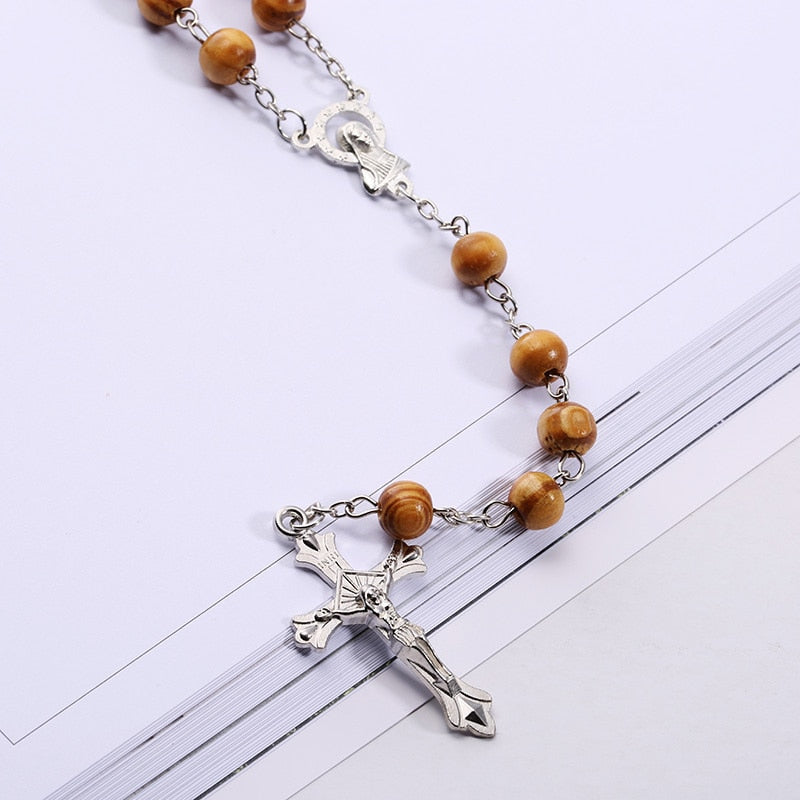 High Quality Fashion Rosary Wood Beads DIY Necklaces For Men Women Virgin Mary Jesus Christ Cross Pendant Long Chain Jewelry