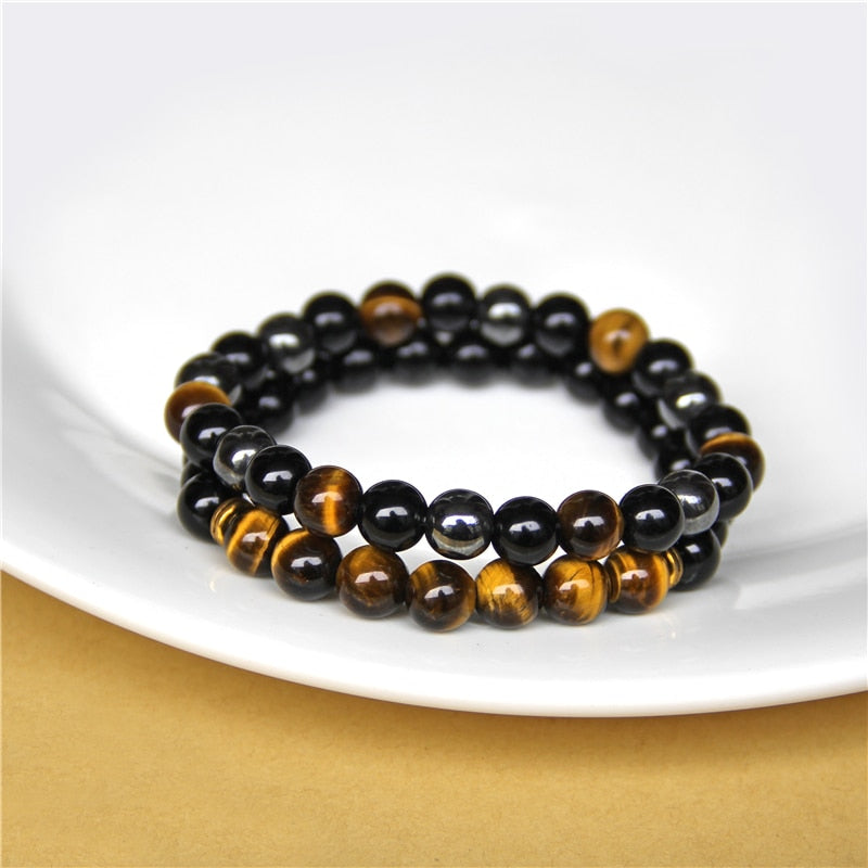 2pcs Men Bracelets Beads Natural Stone Black Onyx&amp;Tiger Eye&amp;Hematite Stone Bracelets for Women Men No Magnetic Bracelet