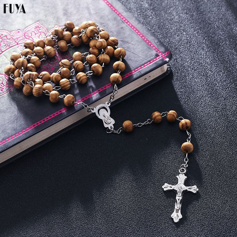 High Quality Fashion Rosary Wood Beads DIY Necklaces For Men Women Virgin Mary Jesus Christ Cross Pendant Long Chain Jewelry