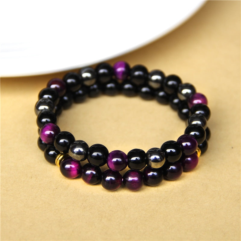 2pcs Men Bracelets Beads Natural Stone Black Onyx&amp;Tiger Eye&amp;Hematite Stone Bracelets for Women Men No Magnetic Bracelet