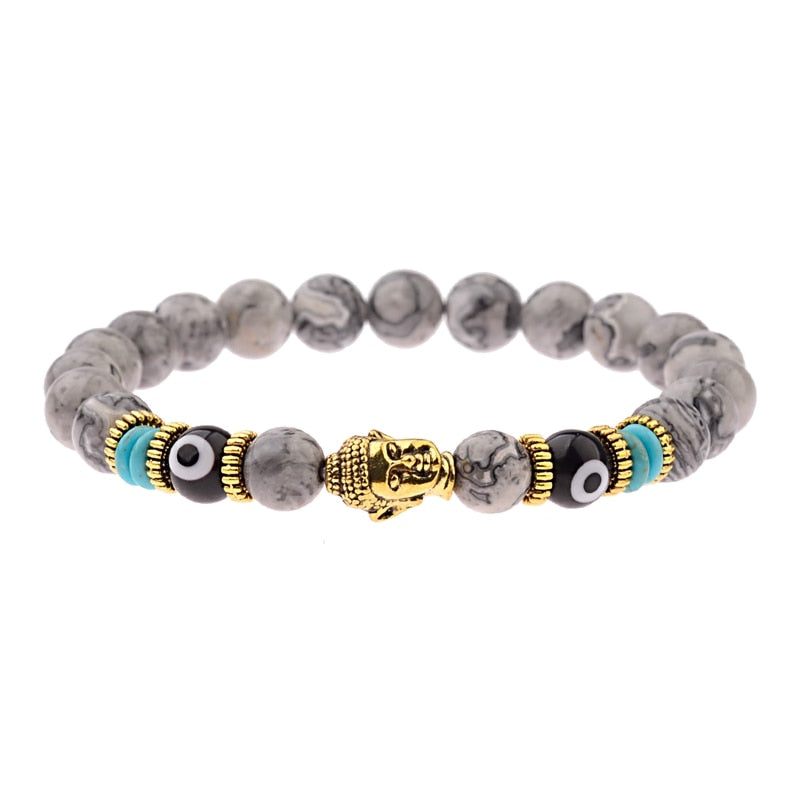 Charm Buddha&amp;Evil Eye Bracelet Women 8mm Elastic Round Bright Black Stone Chakra Bracelets Men Erkek Bileklik Homme