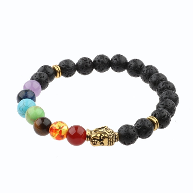 Charm Buddha&amp;Evil Eye Bracelet Women 8mm Elastic Round Bright Black Stone Chakra Bracelets Men Erkek Bileklik Homme