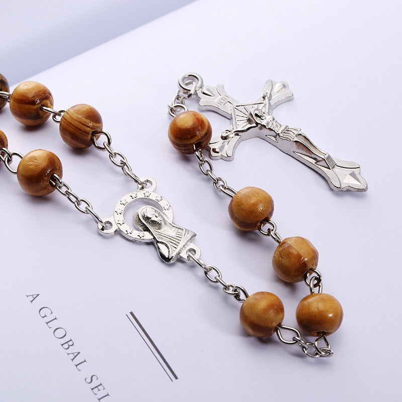 High Quality Fashion Rosary Wood Beads DIY Necklaces For Men Women Virgin Mary Jesus Christ Cross Pendant Long Chain Jewelry