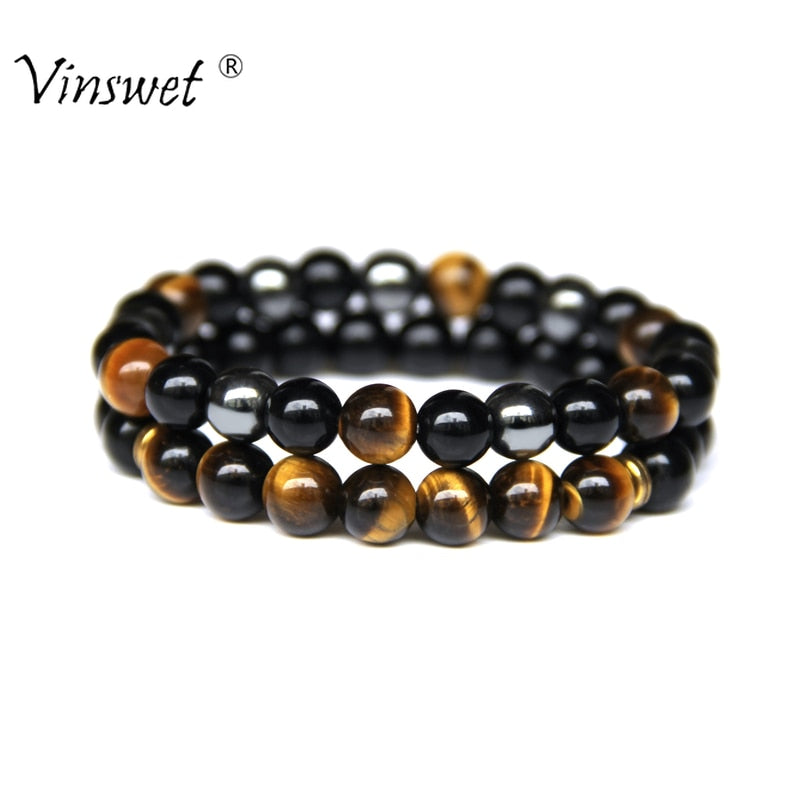 2pcs Men Bracelets Beads Natural Stone Black Onyx&amp;Tiger Eye&amp;Hematite Stone Bracelets for Women Men No Magnetic Bracelet