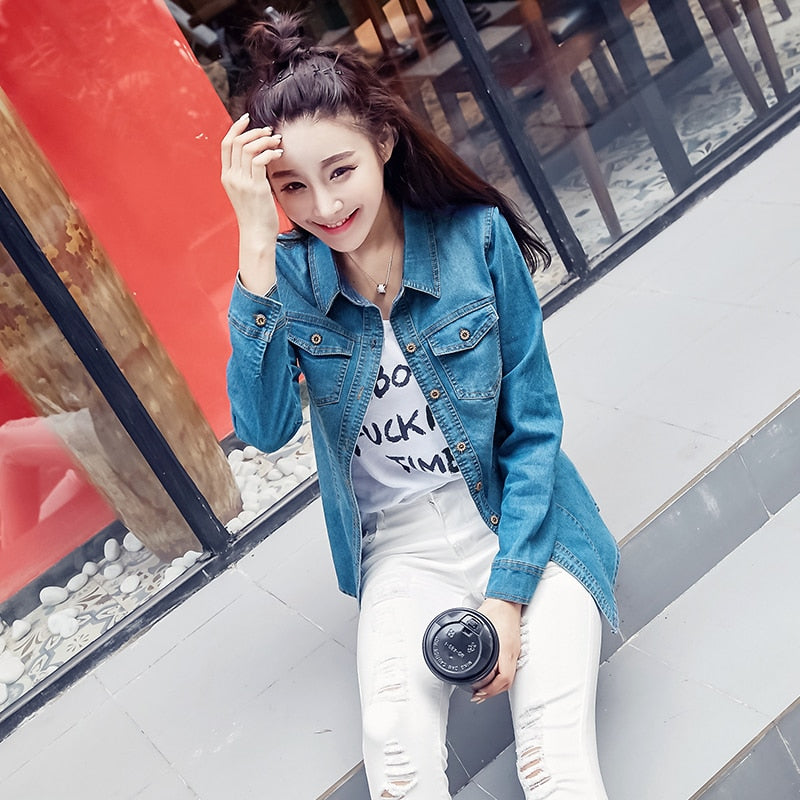 Jeans Shirt women 2019 Long Sleeve Slim Casual Vintage Elastic Ladies Denim Shirts Tops Blusas Feminina Woman Blouses and Tops