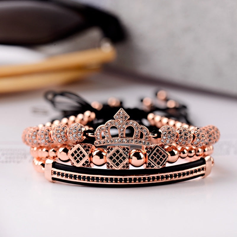 Luxury CZ King Crown Charm Men&#39;s Copper Bead Macrame Bracelets Fashion Geometric Long Tube Set Bracelets&amp;Bangles For Women