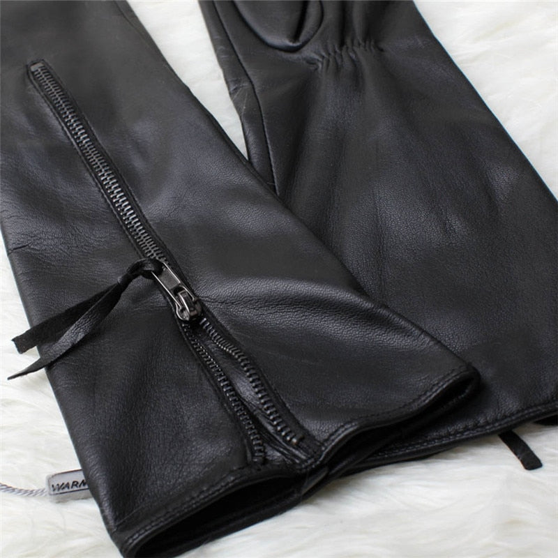 Women's Genuine Leather Gloves Female Autumn Winter Black Sheepskin Gloves Zipper Long Style Five Fingers Thin Velvet L031NQ