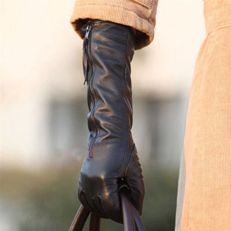 Women's Genuine Leather Gloves Female Autumn Winter Black Sheepskin Gloves Zipper Long Style Five Fingers Thin Velvet L031NQ