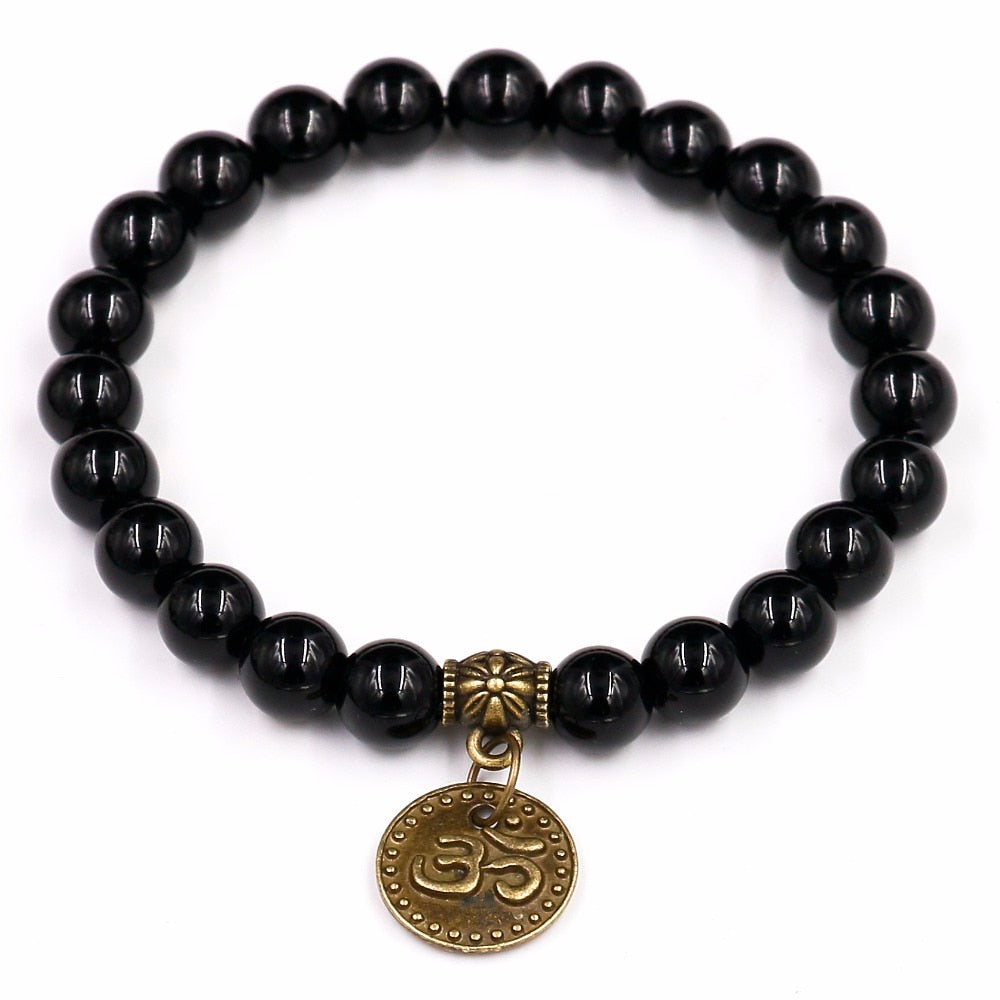 2Pcs 8MM Black Onyxl Natural Stone Bracelets Pendent Charm Bracelets For Men Jewelry Gift Buddha Strand Bracelets Women