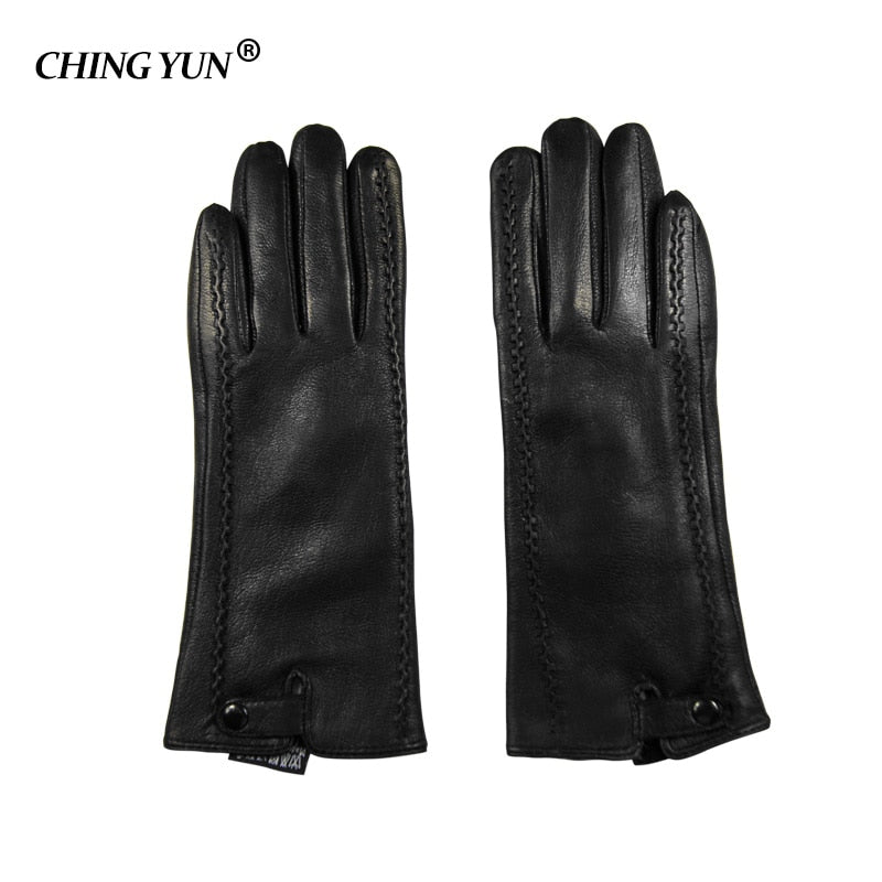 New Women&#39;s Gloves Genuine Leather Winter Warm Fluff Woman Soft Female Rabbit Fur Lining Riveted Clasp High-quality Mittens