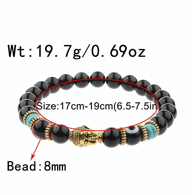 Charm Buddha&amp;Evil Eye Bracelet Women 8mm Elastic Round Bright Black Stone Chakra Bracelets Men Erkek Bileklik Homme