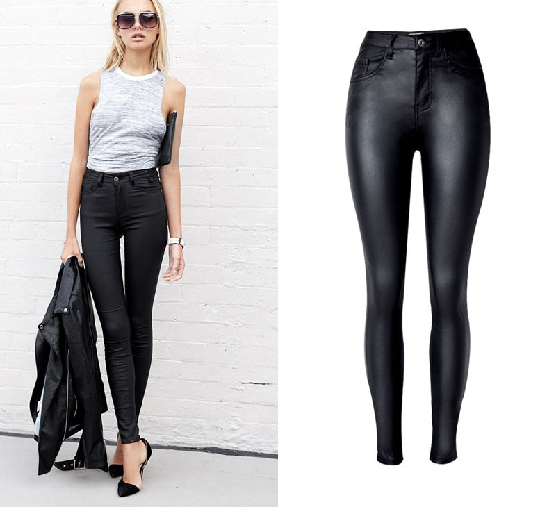 2023 Styling Skinny Women Jeans High Waist Faux Leather Pants Outfit Leggings Chic Casual Girl Stretch Leather Denim Jeans C1075