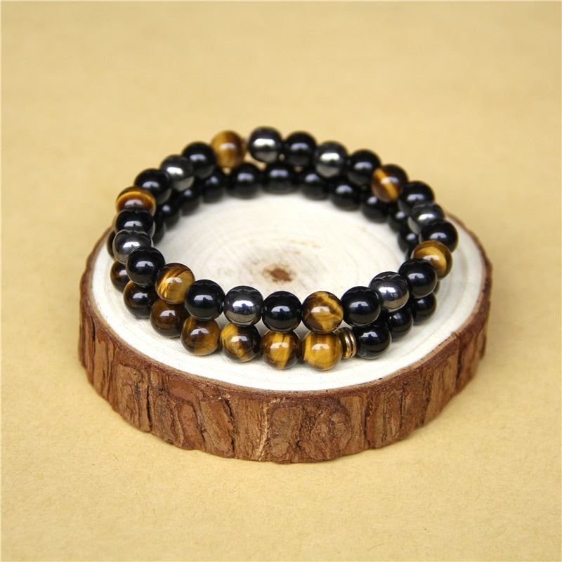 2pcs Men Bracelets Beads Natural Stone Black Onyx&amp;Tiger Eye&amp;Hematite Stone Bracelets for Women Men No Magnetic Bracelet