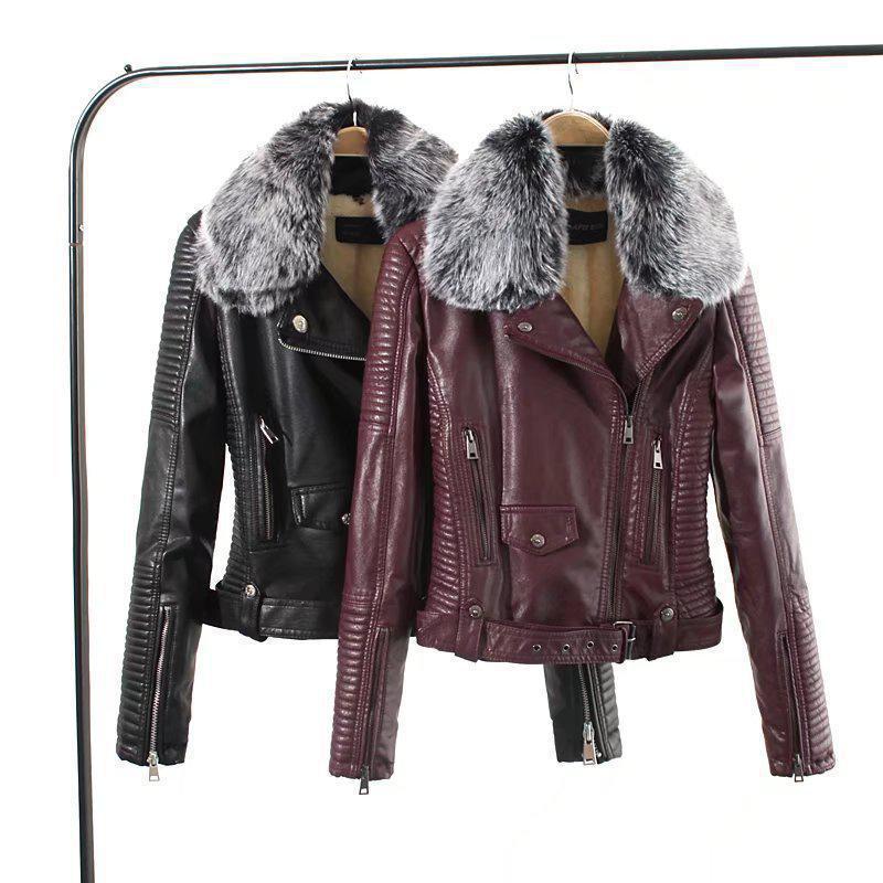 Ladies' Black Leather Jackets 2018 New Autumn Winter Faux Lambs Warm Pvc Coat Woman Slim Long Sleeved Motorcycle Bikers Jacket