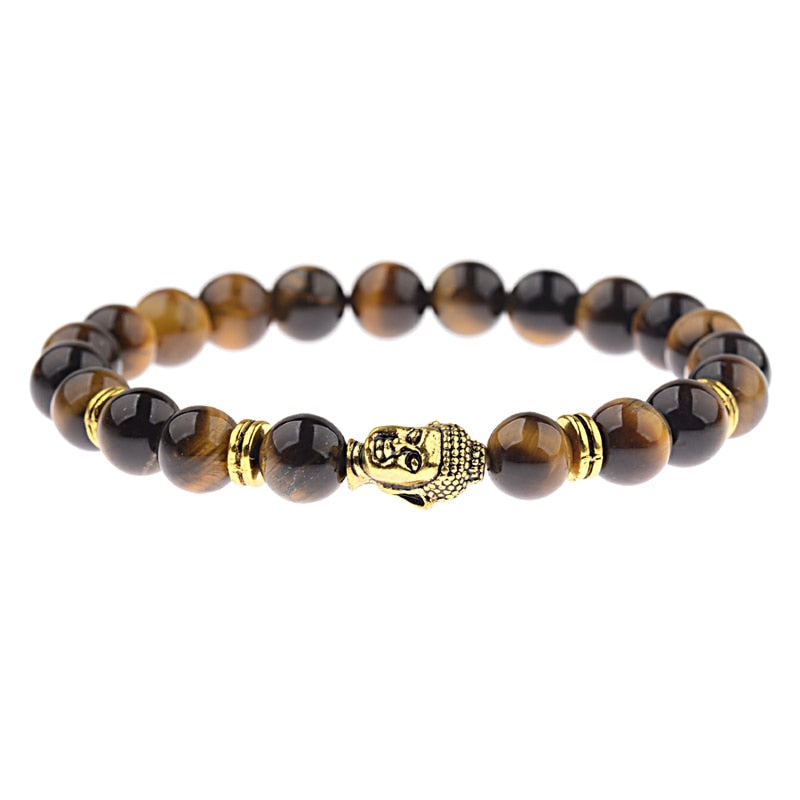 Charm Buddha&amp;Evil Eye Bracelet Women 8mm Elastic Round Bright Black Stone Chakra Bracelets Men Erkek Bileklik Homme