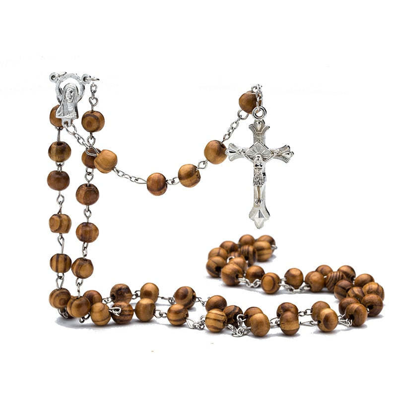 High Quality Fashion Rosary Wood Beads DIY Necklaces For Men Women Virgin Mary Jesus Christ Cross Pendant Long Chain Jewelry