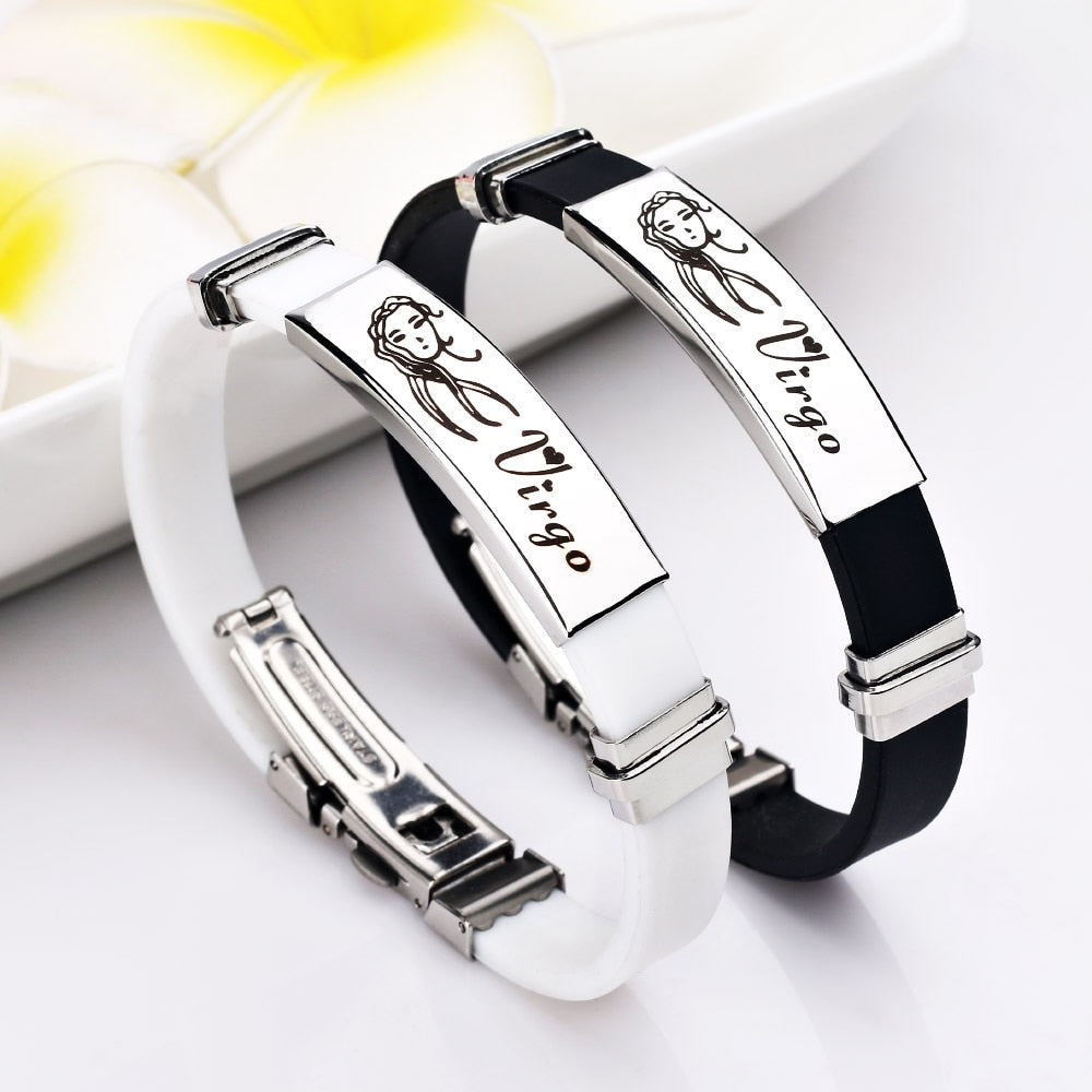 12 Constellations Signs Stainless Steel Bracelets Women Rubber Charm 12 Zodiac Casual Personality Cuff Bracelets for Women