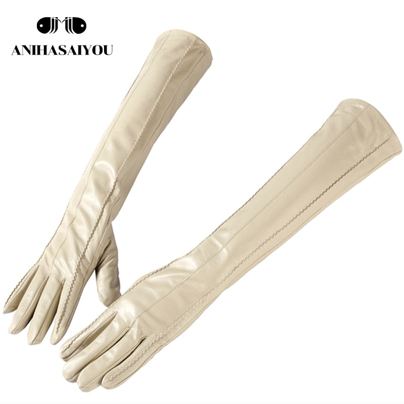 Fashion beige long leather gloves,high-grade long leather gloves women,winter genuine sheepskin women&#39;s long gloves - CSD2-50CM