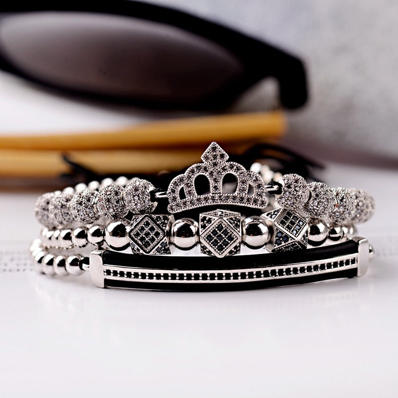 Luxury CZ King Crown Charm Men&#39;s Copper Bead Macrame Bracelets Fashion Geometric Long Tube Set Bracelets&amp;Bangles For Women