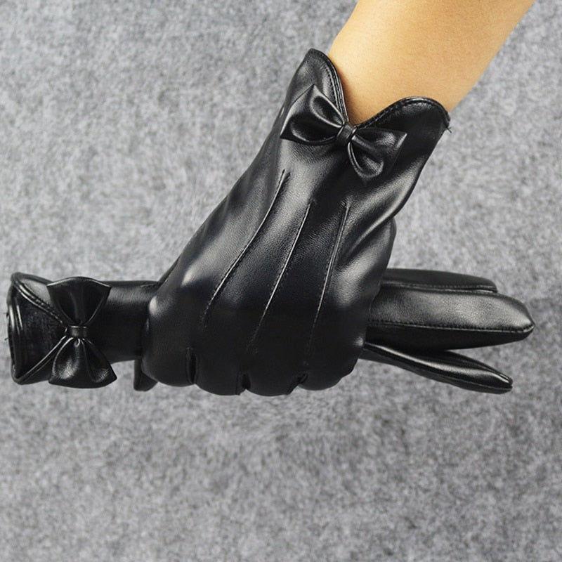 High Quality Leather Female Fashion Winter Warm Black Bow Cycling Gloves Women Driving Touch Phone Screen Glove Mittens B7