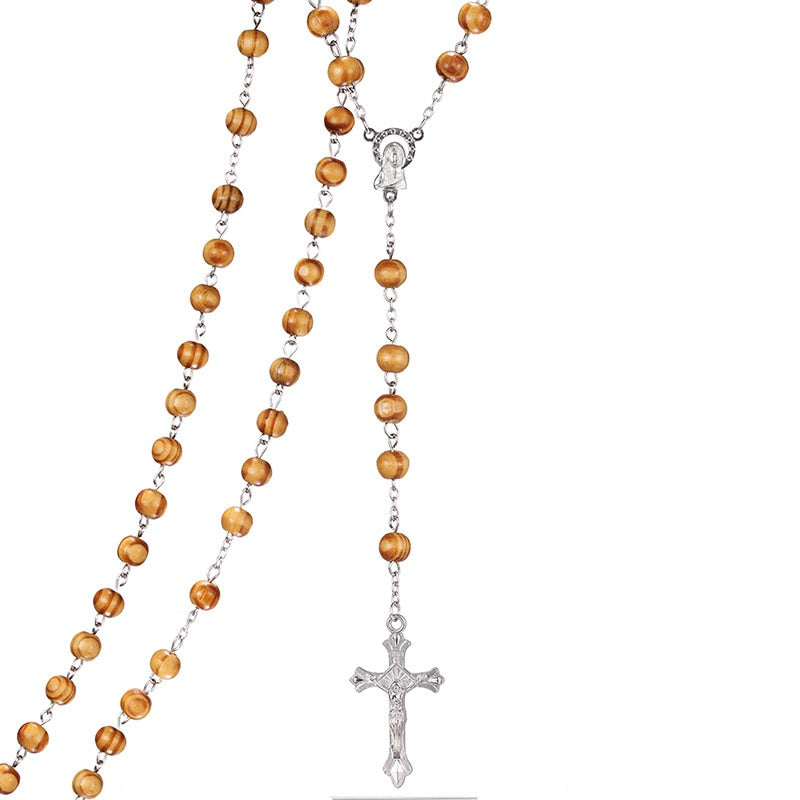 High Quality Fashion Rosary Wood Beads DIY Necklaces For Men Women Virgin Mary Jesus Christ Cross Pendant Long Chain Jewelry