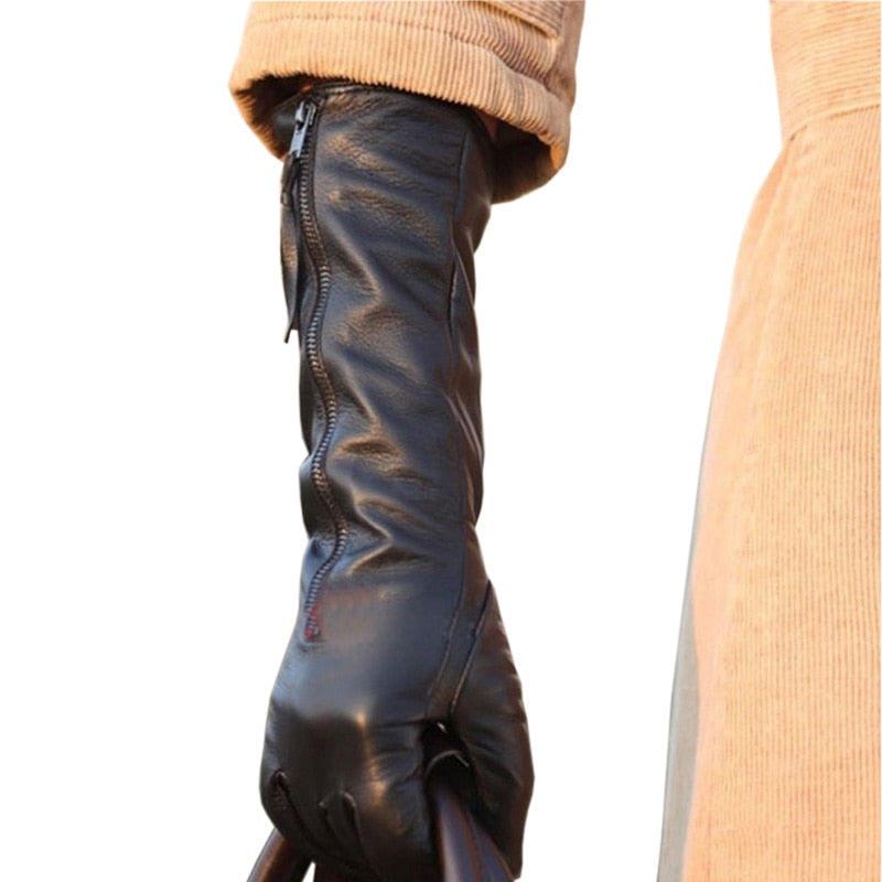 Women's Genuine Leather Gloves Female Autumn Winter Black Sheepskin Gloves Zipper Long Style Five Fingers Thin Velvet L031NQ