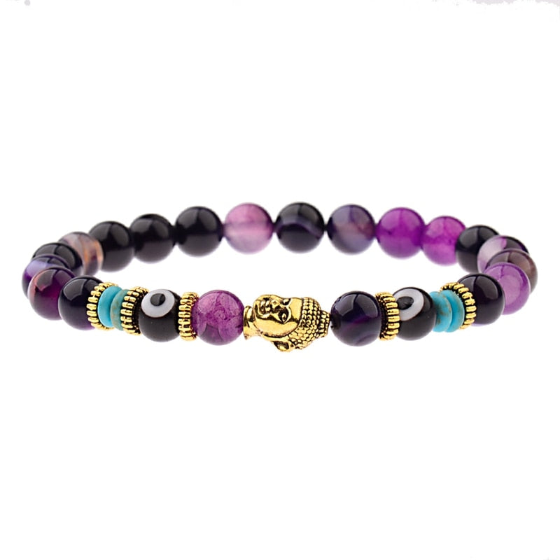 Charm Buddha&amp;Evil Eye Bracelet Women 8mm Elastic Round Bright Black Stone Chakra Bracelets Men Erkek Bileklik Homme