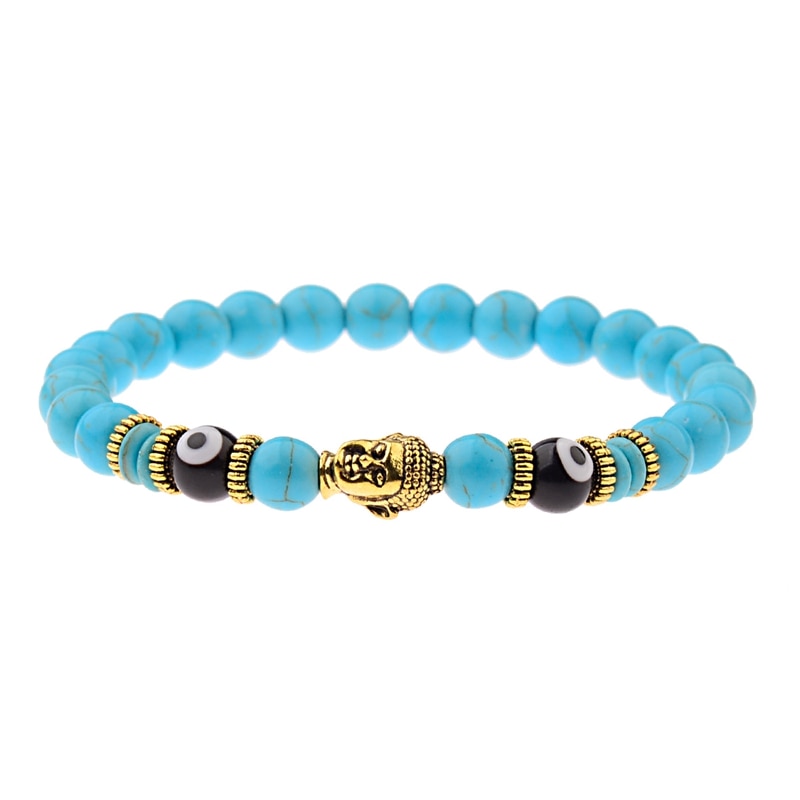 Charm Buddha&amp;Evil Eye Bracelet Women 8mm Elastic Round Bright Black Stone Chakra Bracelets Men Erkek Bileklik Homme